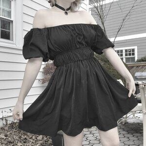 ❝ black off shoulder puffy black swan mini dress .❀ ݁ ˖ ❞